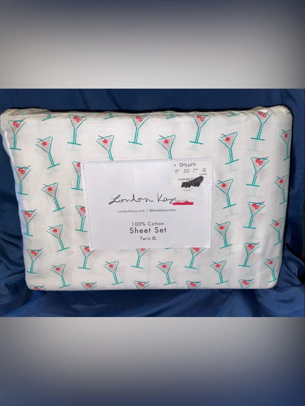 London Kaye Twin XL 100% Cotton Sheet Set - Martini Print White with Teal & Pink